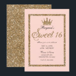 Pink Sparkly Gold Glitter Sweet 16 Princess Crown Einladung<br><div class="desc">Anpassen an Ihr Ereignis</div>