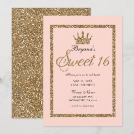 Pink Sparkly Gold Glitter Sweet 16 Princess Crown Einladung