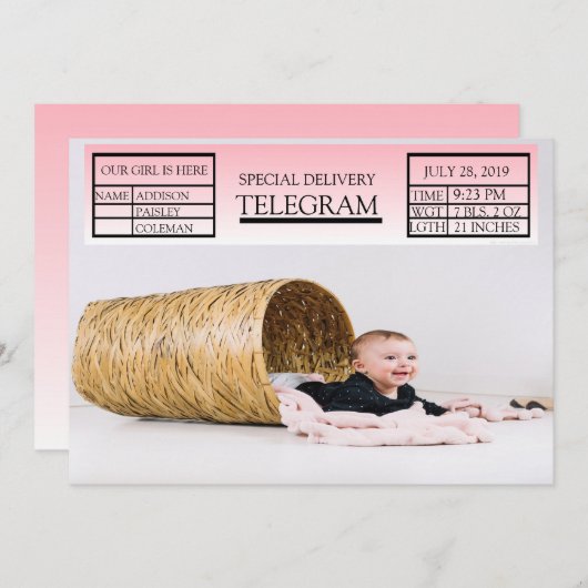 Pink Special Telegramm Geburtsankündigung für Mädc Einladung (Vorne/Hinten)
