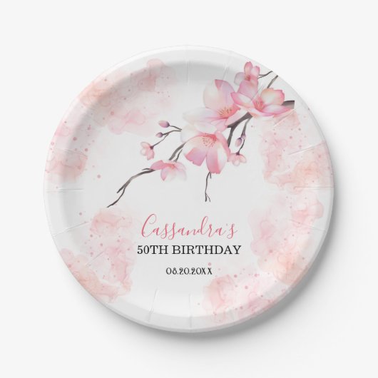 Pink Splash Cherry Blossom Floral Geburtstag Pappteller (Vorderseite)