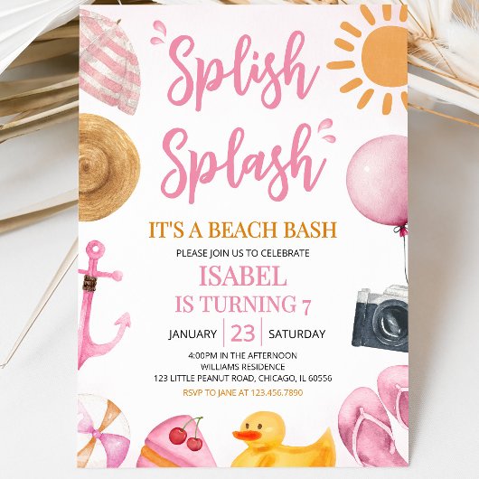 Pink Splish Splash Beach Bash Birthday Einladung