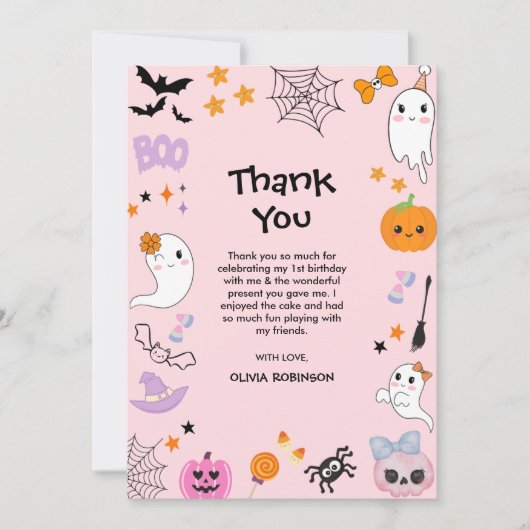 Pink Spooky Ein Niedliches Geisterhaus 1. Geburtst Dankeskarte (Vorderseite)