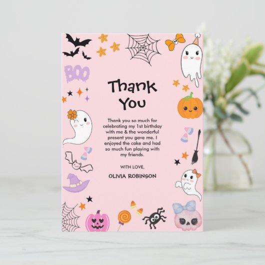 Pink Spooky Ein Niedliches Geisterhaus 1. Geburtst Dankeskarte (Stehend Vorderseite)