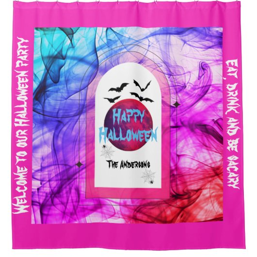 Pink Spooky Full Moon Fledermäuse Happy Halloween Duschvorhang (Vorderseite)