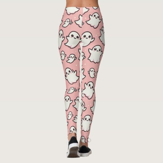 Pink Spooky Ghost Pattern Halloween Leggings (Rückseite)
