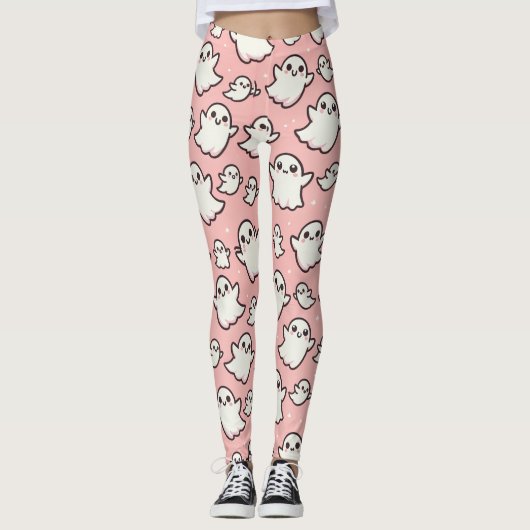 Pink Spooky Ghost Pattern Halloween Leggings (Vorderseite)