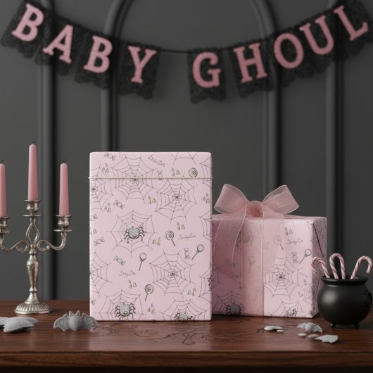 Pink Spooky Niedliche Babyspinnen, Webs & Bonbons Geschenkpapier