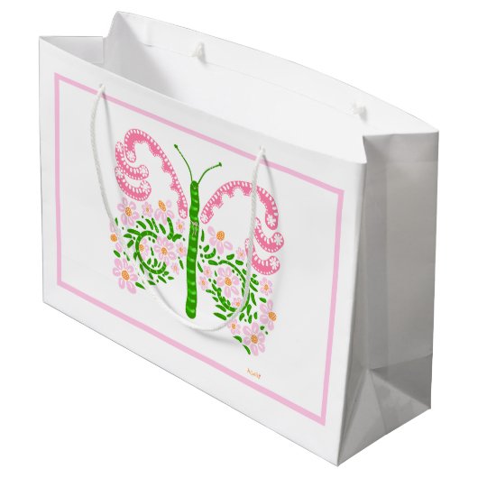 Pink Spring Butterfly Geschenktasche Große Geschenktüte (Rückseite Schrägansicht)