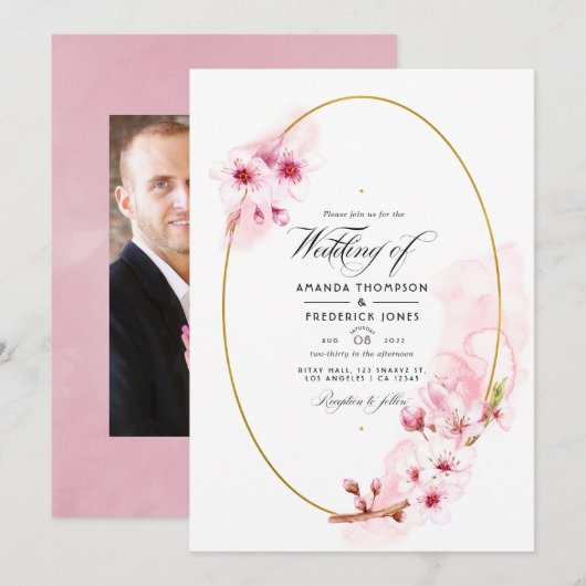 Pink Spring Cherry Blossom Wedding Foto Einladung (Vorne/Hinten)