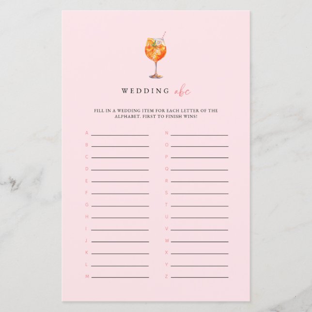 Pink Spritz Wedding ABC Bridal Shower Game (Vorderseite)