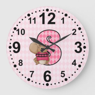 Pink Squirrel and Letter S Argyle Patterned Girls Große Wanduhr