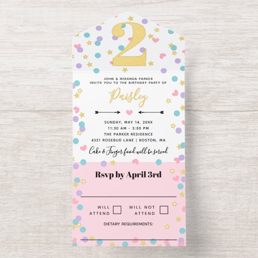 Pink Star Heart Dot Confetti Toddler Kid Birthday All-in-One-Einladung (Innenseite)