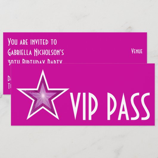 Pink Star "VIP PASS" Einladung pink lang (Vorne/Hinten)