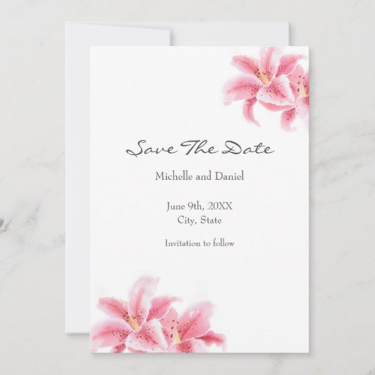 Pink Stargazer Lilies Save The Date (Vorderseite)