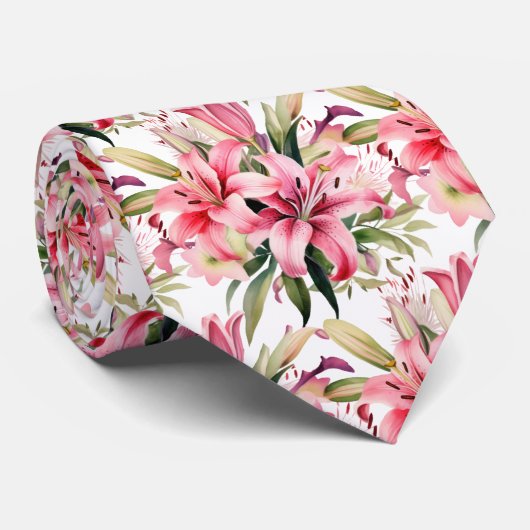 Pink Stargazer Lily Lilies Krawatte (Gerollt)