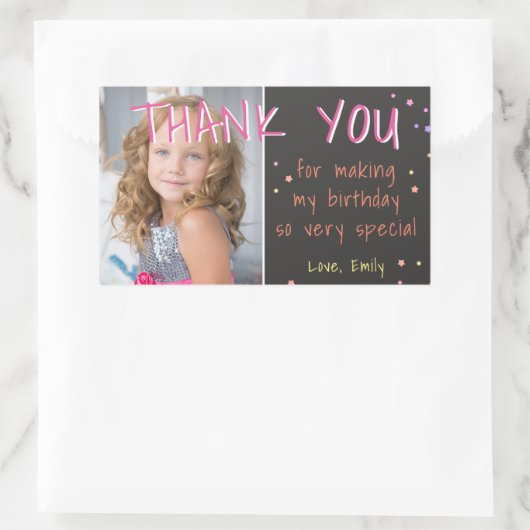 Pink Stars Birthday Danke Foto Rechteckiger Aufkleber (Tasche)
