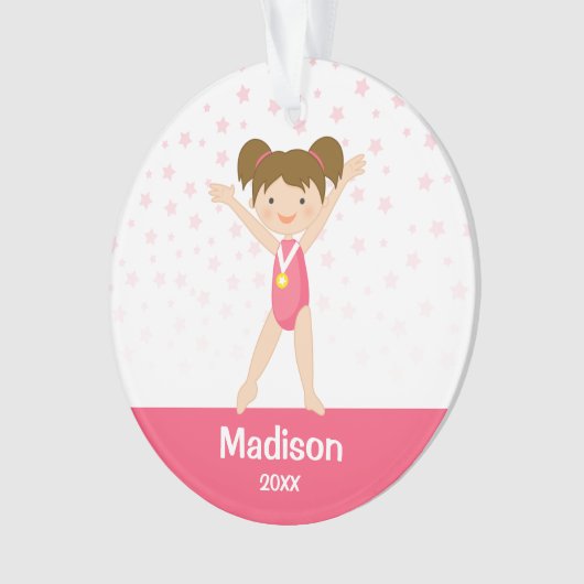 Pink Stars Brünett Girl Gymnastik Personalisiert Ornament (Vorderseite)