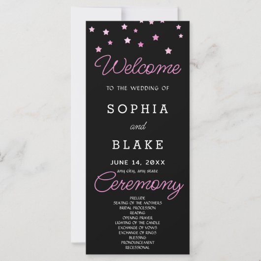 Pink Stars Celestial Black Wedding Program (Vorderseite)