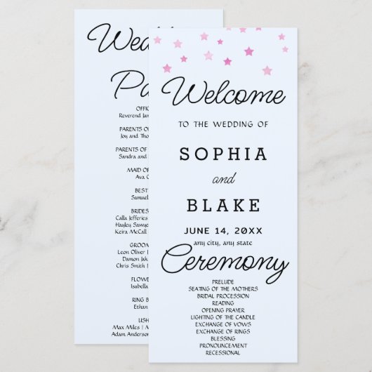 Pink Stars Celestial Light Blue Wedding Program (Vorne/Hinten)