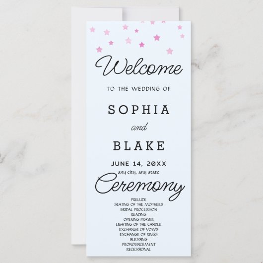 Pink Stars Celestial Light Blue Wedding Program (Vorderseite)