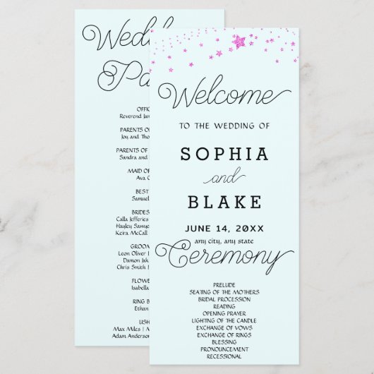 Pink Stars Celestial Light Blue Wedding Program (Vorne/Hinten)