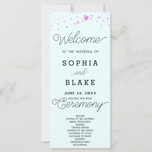 Pink Stars Celestial Light Blue Wedding Program (Vorderseite)