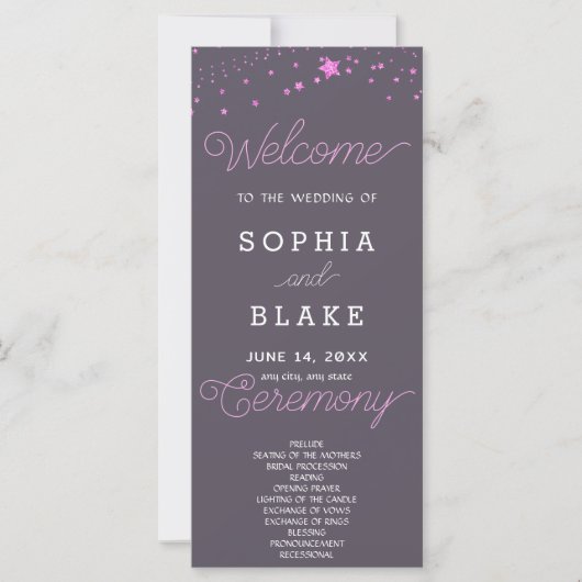 Pink Stars Celestial Smoke Gray Wedding Programm (Vorderseite)