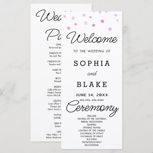 Pink Stars Celestial White Wedding Program (Vorne/Hinten)
