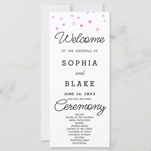 Pink Stars Celestial White Wedding Program (Vorderseite)