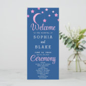 Pink Stars Crescent Moon Blue Wedding Programm (Stehend Vorderseite)