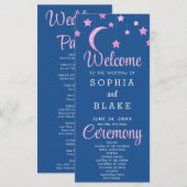 Pink Stars Crescent Moon Blue Wedding Programm (Vorne/Hinten)