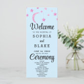 Pink Stars Crescent Moon Blue Wedding Programm (Stehend Vorderseite)