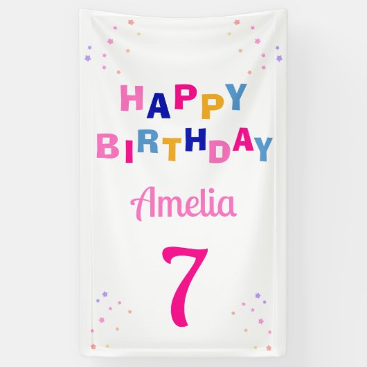 Pink Stars Girl Happy Birthday Banner (Vertikal)