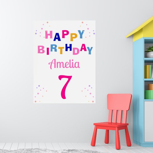 Pink Stars Girl Happy Birthday Poster (Kinderzimmer 1)
