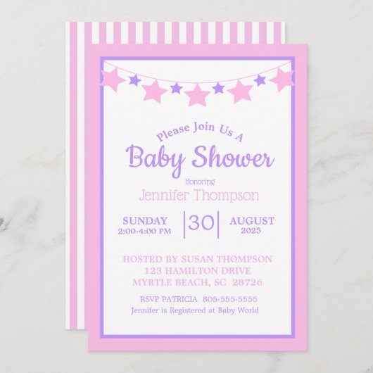 Pink Stars Girls Babydusche Einladung (Vorne/Hinten)