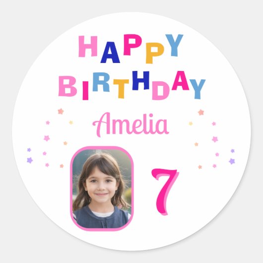 Pink Stars Happy Birthday Party Girl Foto Runder Aufkleber (Vorderseite)