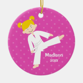 Pink Stars Taekwondo Blonde Girl Personalisiert Keramikornament