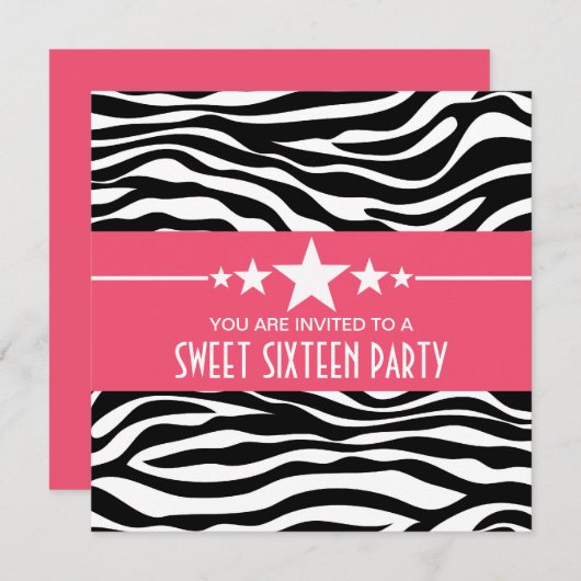 Pink Stars Zebra Print Sweet 16 Einladung (Vorne/Hinten)