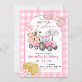 Pink Start Your Tractor Farm Animals Birthday Einladung (Vorderseite)