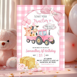 Pink Start Your Tractor Farm Animals Birthday Einladung