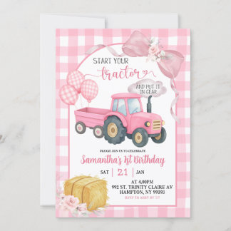 Pink Start Your Tractor Farm Theme Girl Birthday Einladung
