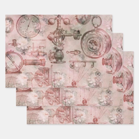 Pink Steampunk Uhren Geschenkpapier Set (Set)