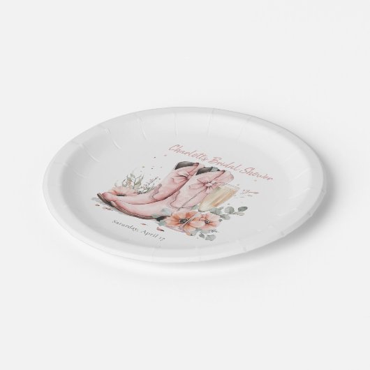 Pink Stiefel & Bubbly Champagner Brautparty Pappteller (Schrägansicht)