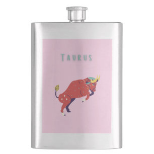Pink Stier, Sternzeichen, Sternzeichen Druck Flachmann