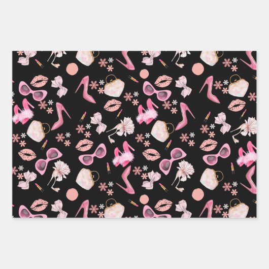 Pink stiletto Lipstick Bag Brille Scheidung Party Geschenkpapier Set (Vorderseite)