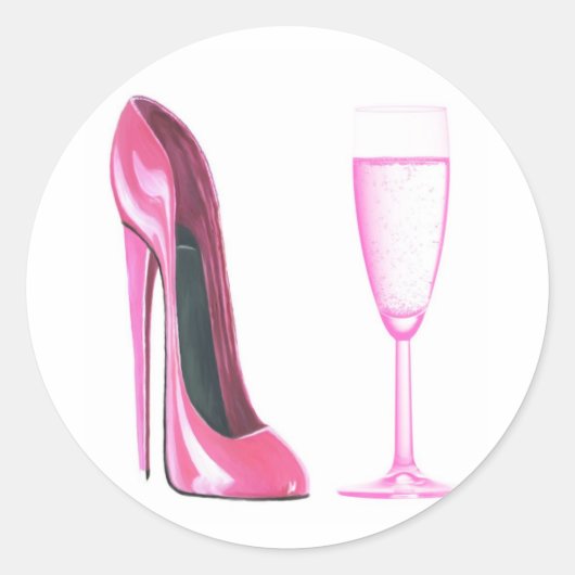 Pink Stiletto Shoe und Champagner Glass Runder Aufkleber (Vorderseite)