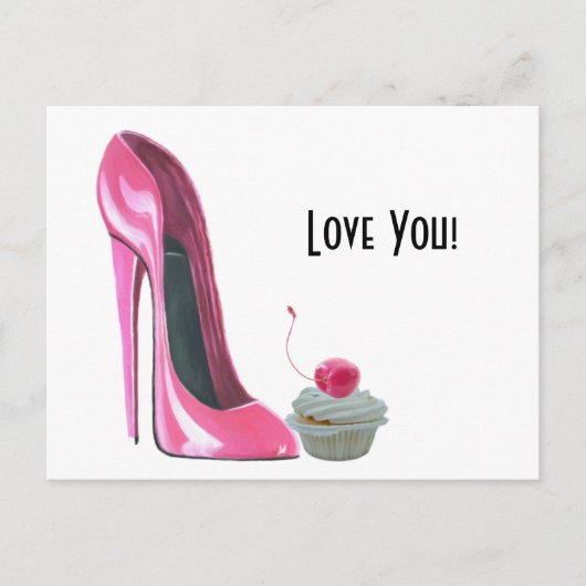 Pink Stiletto Shoe und Cherry Cupcake Postkarte (Vorderseite)