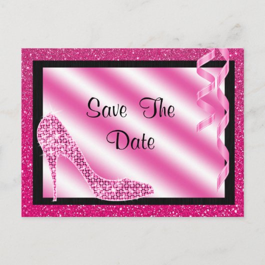 Pink Stiletto & Streamers 70. Save the Date Ankündigungspostkarte (Vorderseite)