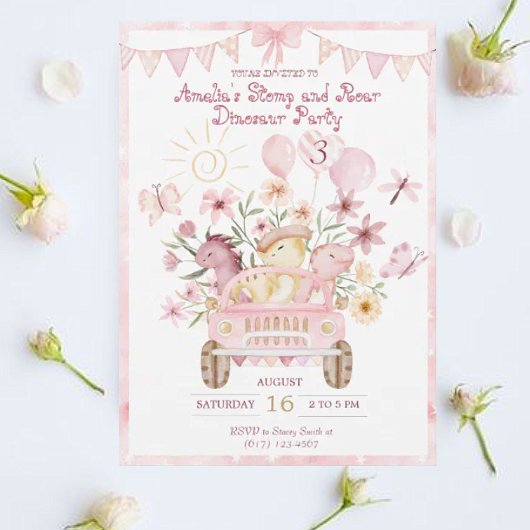 Pink Stomp und Roar Dinosaur Geburtstag Einladung