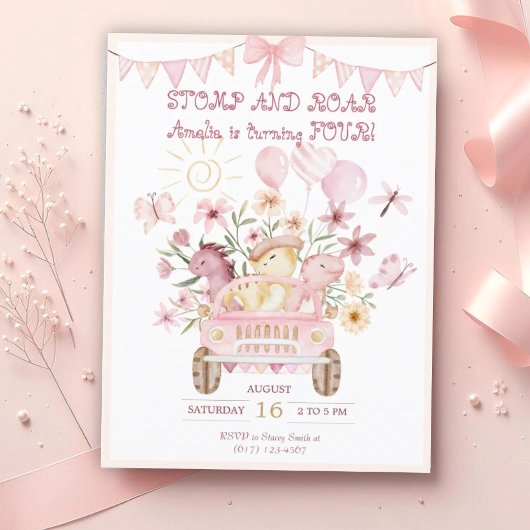 Pink Stomp und Roar Vierter Dinosaurier Geburtstag Postkarte